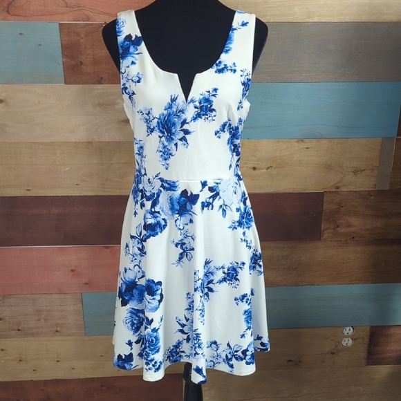 Trixxi Blue and White Sleeveless V-Neck Mini Dress - Picture 1 of 5